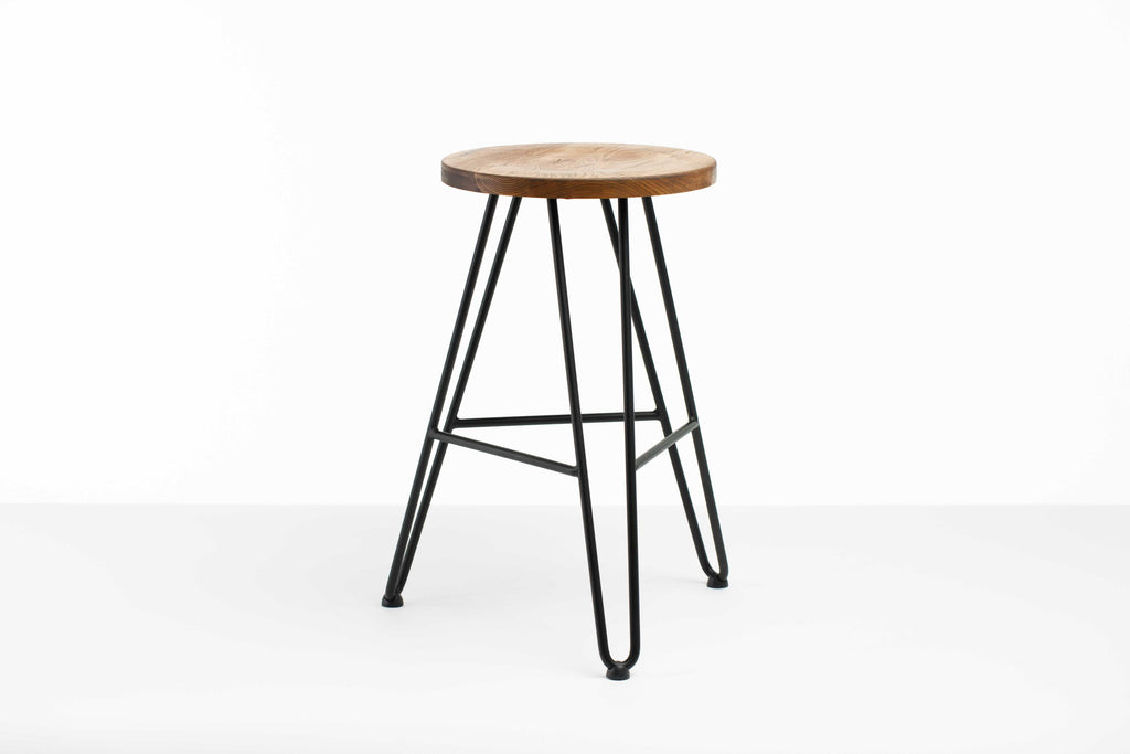 24" Round Natural Brown Ash Wood And Steel Bar Stool