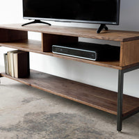 Warm Dark Finish Maple And Steel TV Stand and Media Center