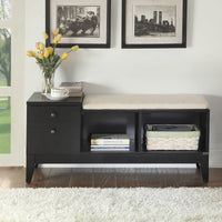 Black Finish Wood and Fabric Bench With Storage