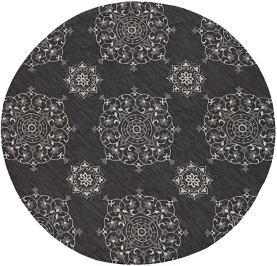 8' Charcoal Grey Hand Woven UV Treated Geometric Traditional Round Indoor Outdoor Area Rug