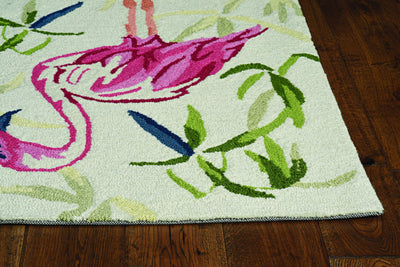 2'x3' Ivory Pink Hand Hooked Tropical Flamingo Indoor Accent Rug