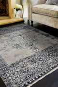 7' Sand Charcoal Machine Woven Distressed Traditional Round Area Rug