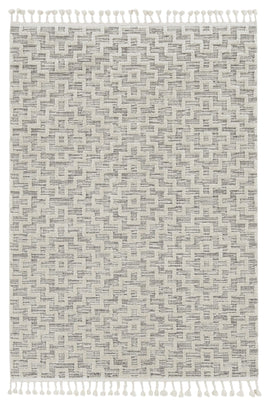 12'x15' Ivory Grey Machine Woven Diamond Pattern With Fringe Indoor Area Rug