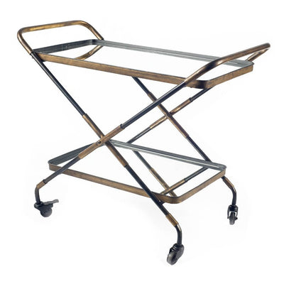 Rectangular Black And Gold Metal With Mirror Glass Shelves Bar Cart