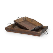 Set Of 2 Medium Brown Recycled Wood With Flaunt Metal Handles Trays
