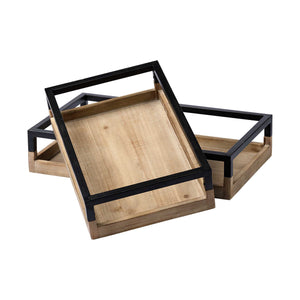 Set of 2 Natural Finish with Black Nesting Wood Accent Trays