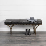 Rectangular Metal-Antiqued-Gold Black Genuine Leather Seat Accent Bench