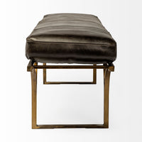 Rectangular Metal-Antiqued-Gold Black Genuine Leather Seat Accent Bench