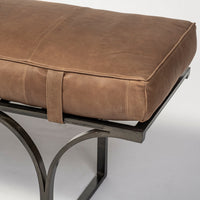 Rectangular Metal-Matte-Black Antiqued Brown Genuine Leather Seat Accent Bench