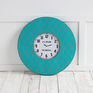 33" Oversize Contemporary Teal and Red Wall Clock w- Dense Pattern and "JK Wilson Los Angeles"