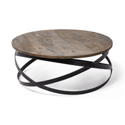 40.5" Round Solid Wood Top Black Metal Base Coffee Table