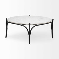 36" Round White Marble Top Black and Metal Base Coffee Table