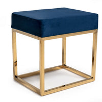 Square Modern Blue Velvet Ottoman with Gold Stainless Steel