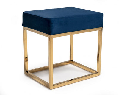 Square Modern Blue Velvet Ottoman with Gold Stainless Steel