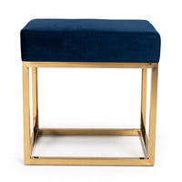 Square Modern Blue Velvet Ottoman with Gold Stainless Steel