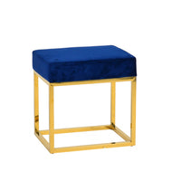Square Modern Blue Velvet Ottoman with Gold Stainless Steel