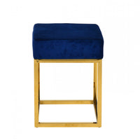 Square Modern Blue Velvet Ottoman with Gold Stainless Steel