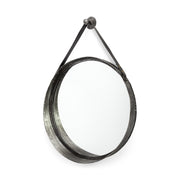 30" Round Black Metal Frame w-Leather Strap Wall Mirror