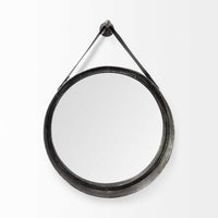 30" Round Black Metal Frame w-Leather Strap Wall Mirror