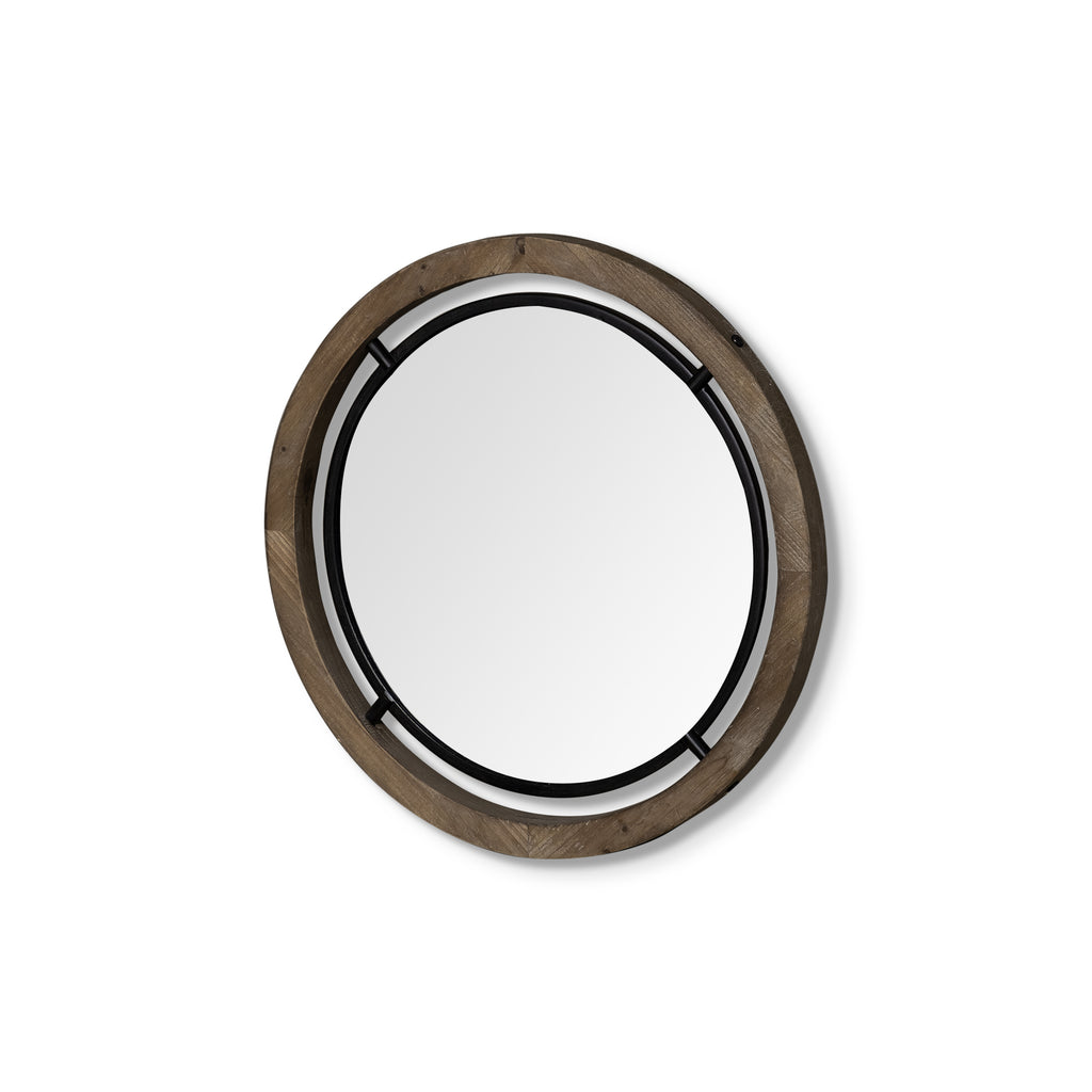 19" Brown Wood and Black Metal Frame Wall Mirror