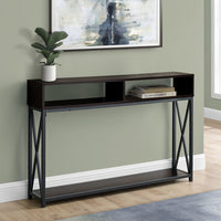 48" Rectangular EspressowithBlack Metal Hall Console with 2 Shelves Accent Table