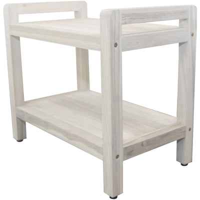 Rectangular Teak Shower Bench with Shelf and Handles in White Finish
