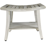 Compact Curviliniear Teak Shower Outdoor Bench with Shelf in Driftwood Finish