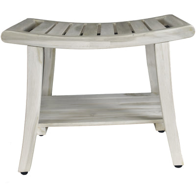 Compact Curviliniear Teak Shower Outdoor Bench with Shelf in Driftwood Finish