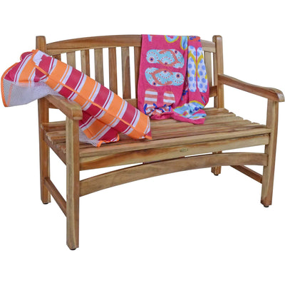 Compact Teak Outdoor Bench with Curved Design in Natural Finish