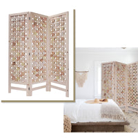 3 Panel Pink Room Divider with Cut Square Wood Design