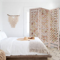 3 Panel Pink Room Divider with Cut Square Wood Design