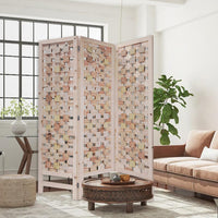 3 Panel Pink Room Divider with Cut Square Wood Design