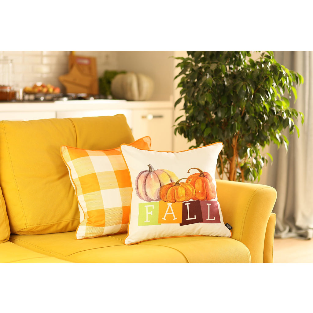 Set of 2 18" Fall Season Pumpkin Gingham Throw Pillow Cover