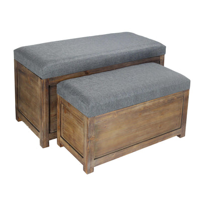 Set of 2 Rectangular Gray Linen Fabric and Wood Storage Benches