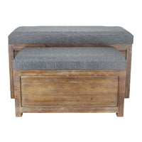 Set of 2 Rectangular Gray Linen Fabric and Wood Storage Benches