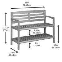 Espresso Finish Solid Wood Slat Bench with High Back and Shelf