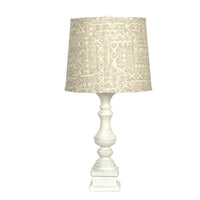 Distressed White Table Lamp with Patterned Tan Linen Shade