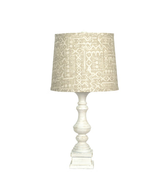 Distressed White Table Lamp with Patterned Tan Linen Shade