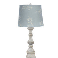 Distressed White Table Lamp with Patterned Blue Linen Shade