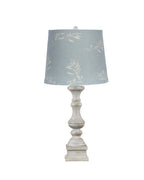 Distressed White Table Lamp with Patterned Blue Linen Shade