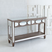 Brown Mirrored Glass Console Table With Two Drawers And Fixed Shelf