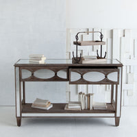 Brown Mirrored Glass Console Table With Two Drawers And Fixed Shelf
