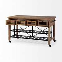 Brown Solid Wood Top Kitchen Island with Two Tier Black Metal Rolling