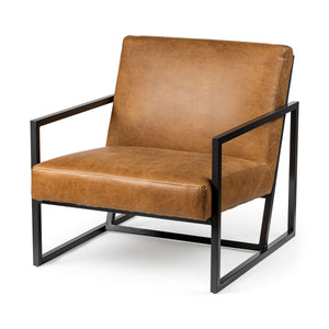 Light Brown Leather Seat Accent Chair with Grey Iron Frame