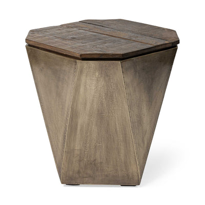 Brass and Natural Wood Side Table with Hexagonal Hinged-Top
