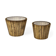 Set of 2 Light Brown Wood Accent Tables with Glass Round Top