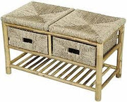 Rectangular Brown Bench Bamboo Frame with 2 Basket Weave Drawers and Bottom Shelf