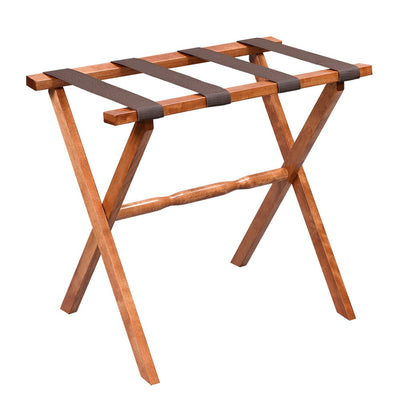 Light Walnut Wood Straight Leg Luggage Rack with 4 Brown Nylon Straps