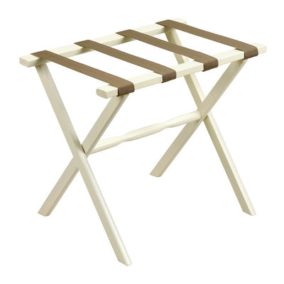 Ivory Wood Straight Leg Luggage Rack with 4 Beige Nylon Straps