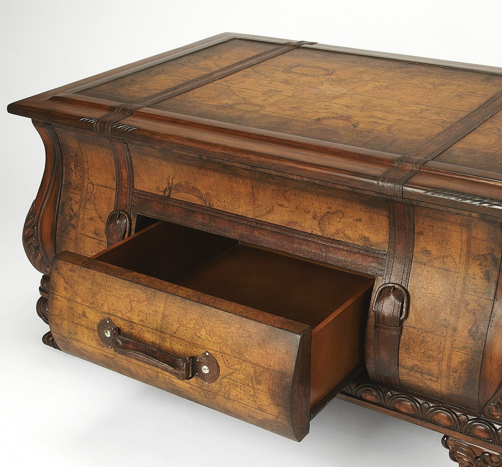 Genuine Leather Bombe Trunk Table with Three Hinged Lid Removable Divider